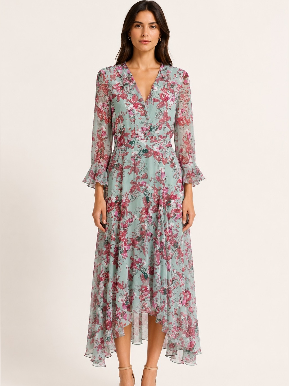 SALONI Silk Floral Midi Dress Aqua Blue Pink 100% Silk Ruffle Detail Size 8 NWT